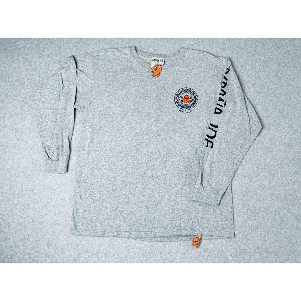 Pirana Joe‎ Long Sleeve T Shirt Gray - Fish Tag - Progreso Mexico - 100% Cotton
